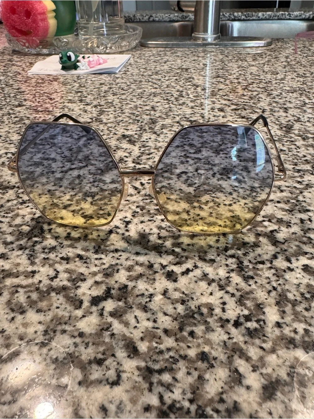 Women’s Gold Frame Gradient Yellow-Blue Hexagon Sunglasses